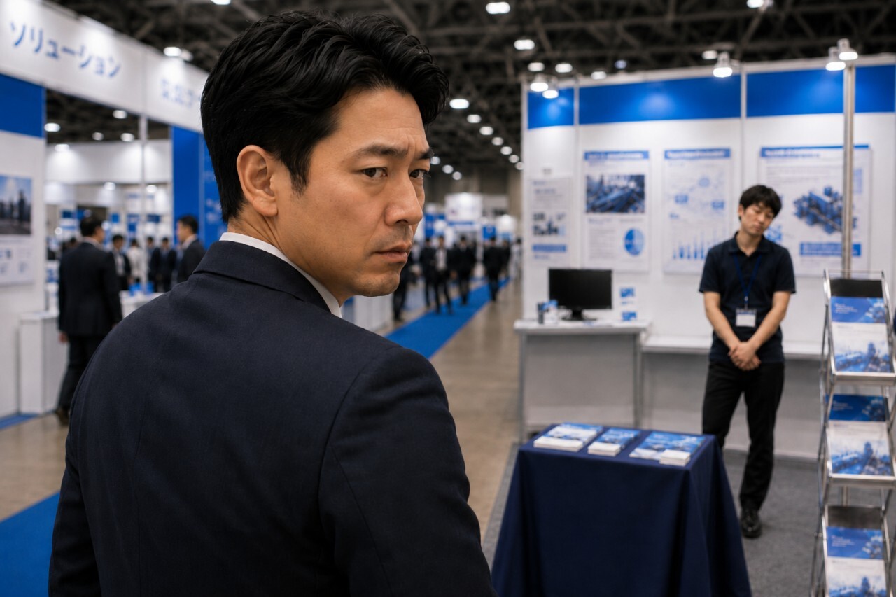 展示会営業代行のデメリットと対策の構造図。専門知識不足やノウハウの社内未蓄積といったリスクに対し、事前レクチャーや自社スタッフとのハイブリッド運用で解決するアプローチを示す