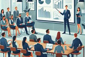 フォーラムイベントをイメージした、登壇者と参加者が双方向に議論する会場のイラスト