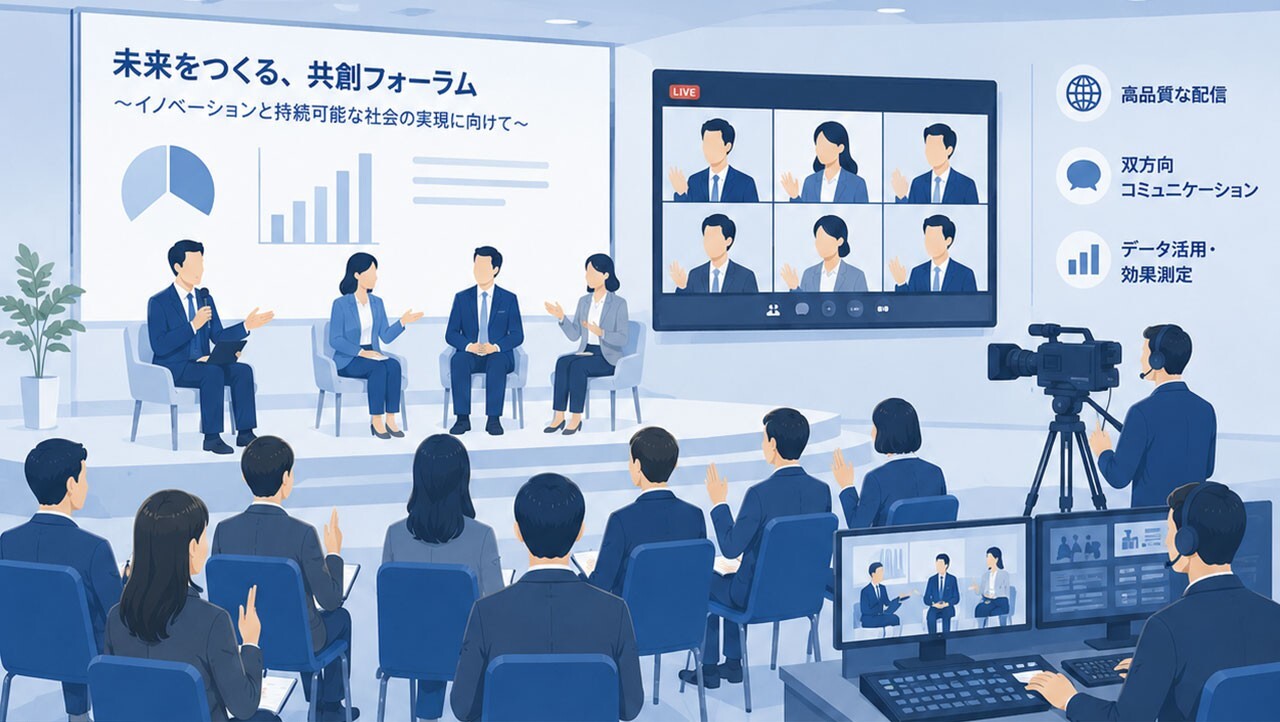 ブイキューブのOneイベントを活用した、オンライン・ハイブリッド形式でのフォーラム開催成功事例のイメージ