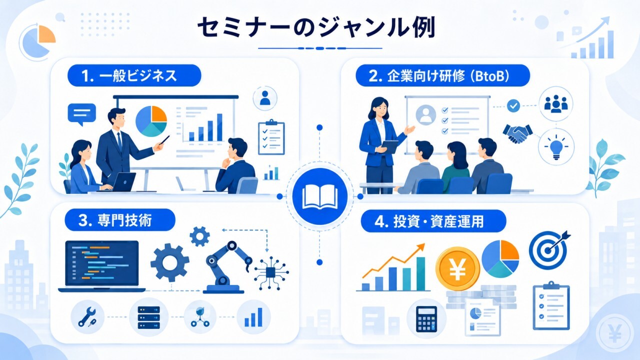 一般ビジネス、企業向け研修（BtoB）、専門技術、投資・資産運用など、セミナーのジャンルごとに比較したイメージイラスト。