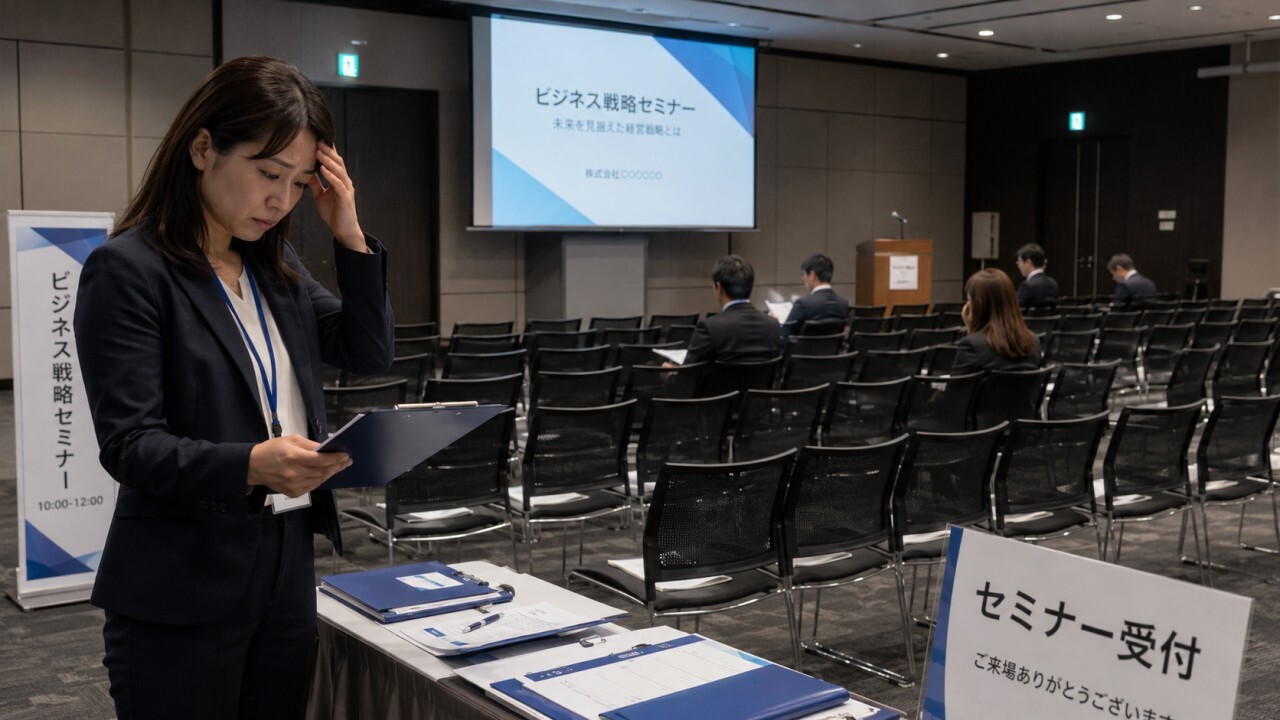 セミナー料金を無料にすることで発生するデメリット（ドタキャンによる空席）。