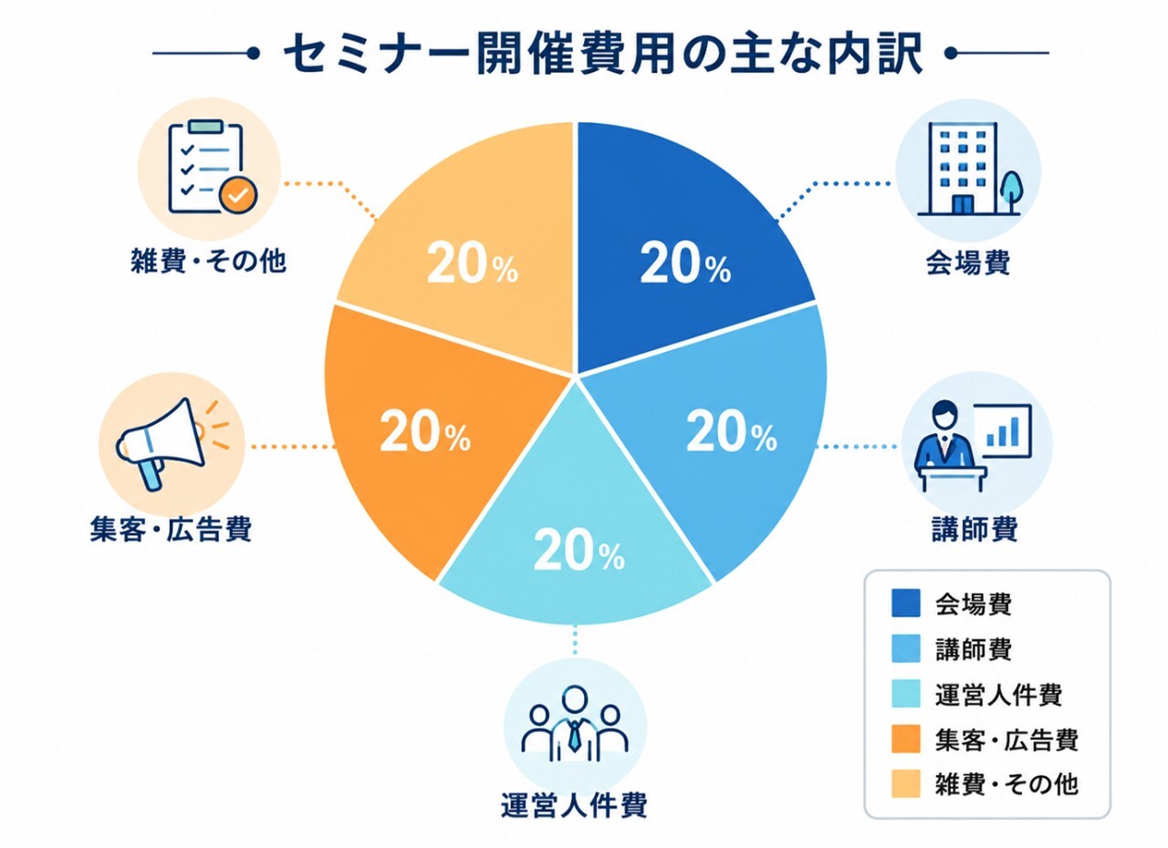 セミナー開催費用の主な内訳（会場費、講師費、運営人件費、集客・広告費、雑費・その他）のグラフ。