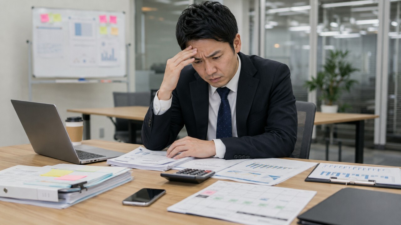 セミナー開催における予算（コスト削減）と社内担当者の手間（準備時間・リソース）のバランスに悩み、プロへの外注や企業イベント支援サービスの検討を始める担当者のイメージイラスト。
