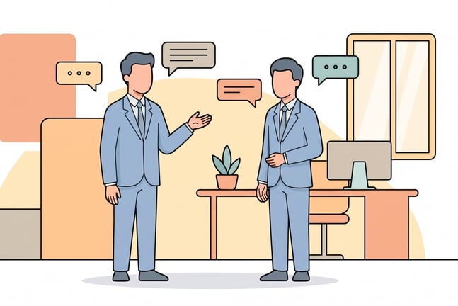 営業会議でマネージャーに「いけそうです」と報告する担当者のイメージイラスト
