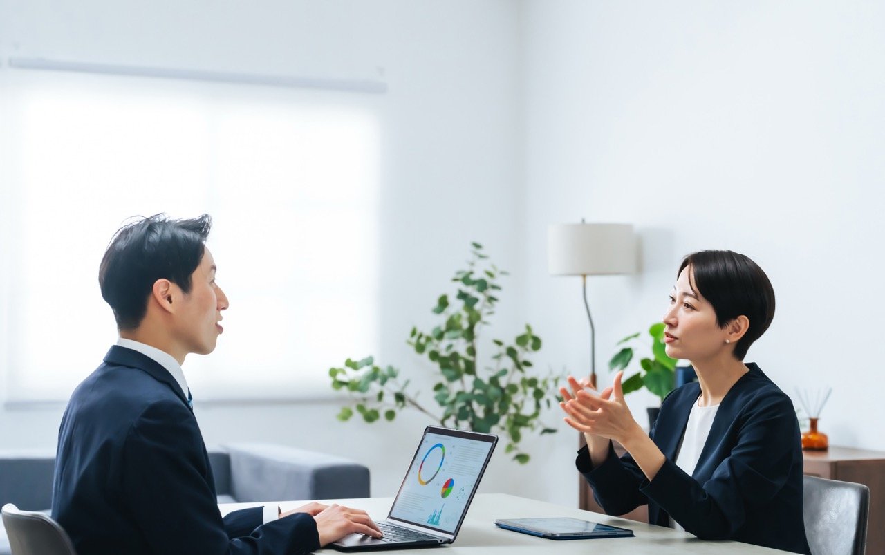 研修後の1on1ミーティングで、上司と受講者がアクションプランの進捗を確認しているフォローアップの様子