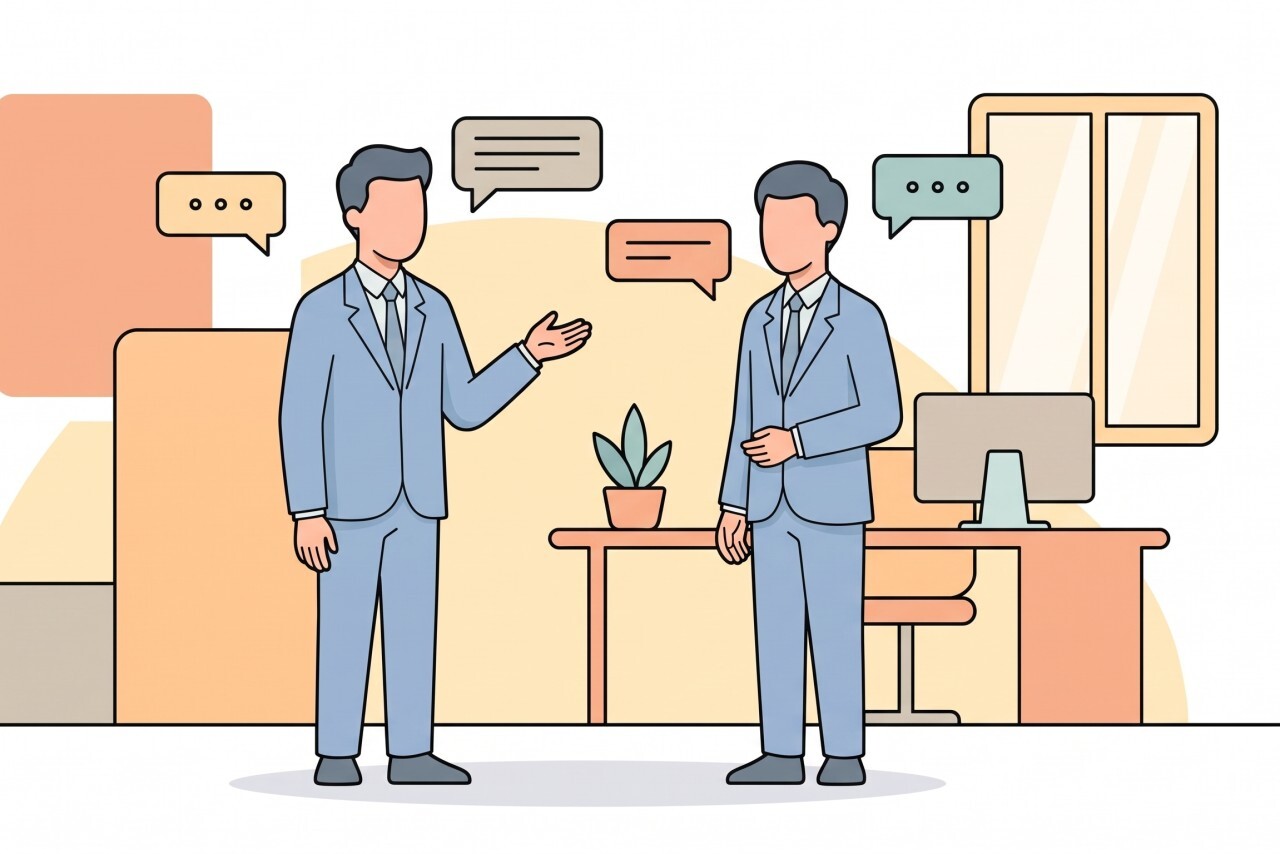 営業会議でマネージャーに「いけそうです」と報告する担当者のイメージイラスト