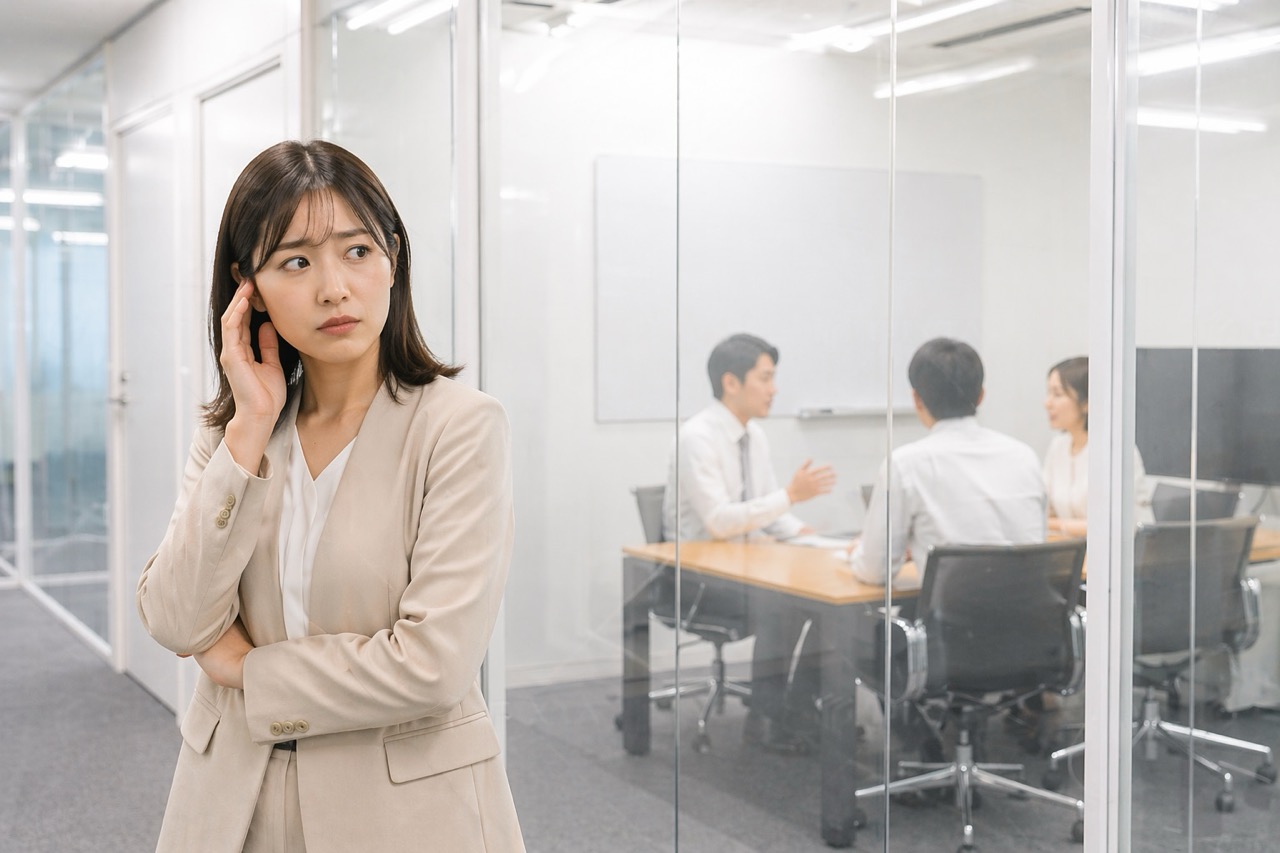 オフィスで会議室の外に話し声が漏れている様子と、それを気にする従業員のイメージ
