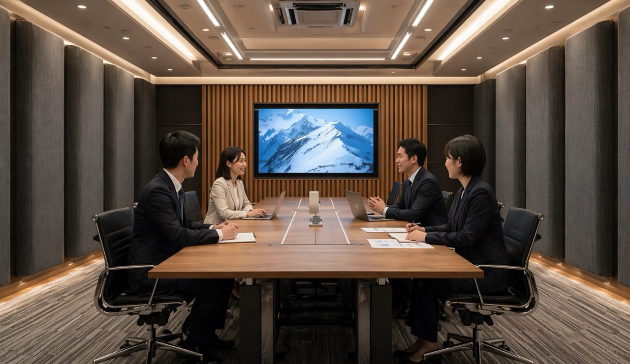 防音対策が施された静かな会議室で、従業員が安心して機密性の高い議論に集中できている様子。