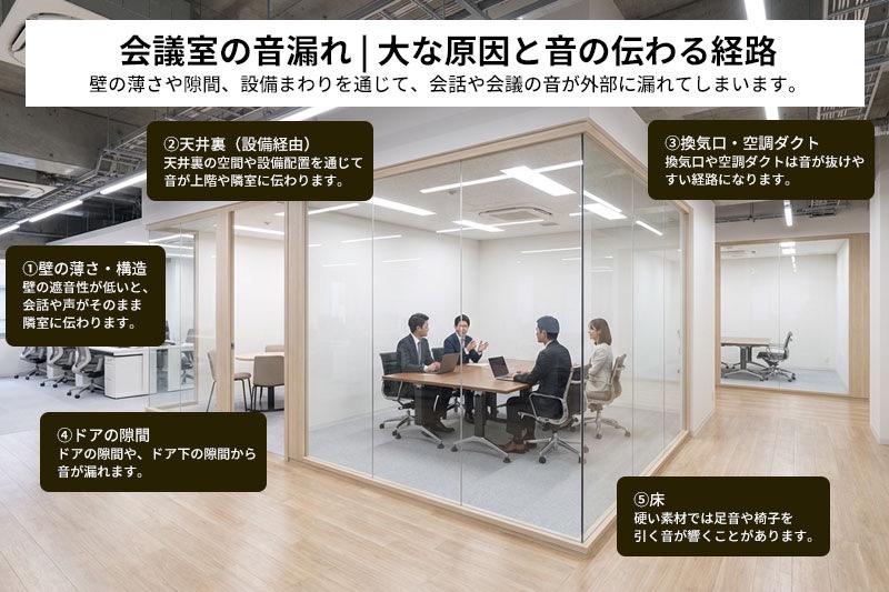 オフィスの会議室において、壁の薄さ、ドアの隙間、換気口、天井裏などを通じて音が隣室や廊下に伝わる経路を示した図解。音漏れの主な原因を表現