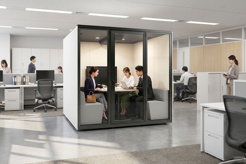 オフィスの音漏れ対策に防音個室ブースの設置しているイメージ