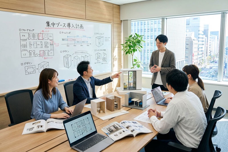オフィスへの集中ブース導入計画を立てている打ち合わせ風景
